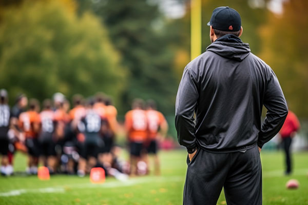 The back of a soccer coach watching his players on the field blurred in the background